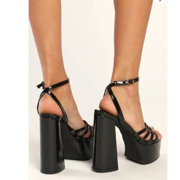 Lulus Women's Shiny Platform Sandals Strappy Chunk‎ Heels Black Size 6 - Picture 2 of 5